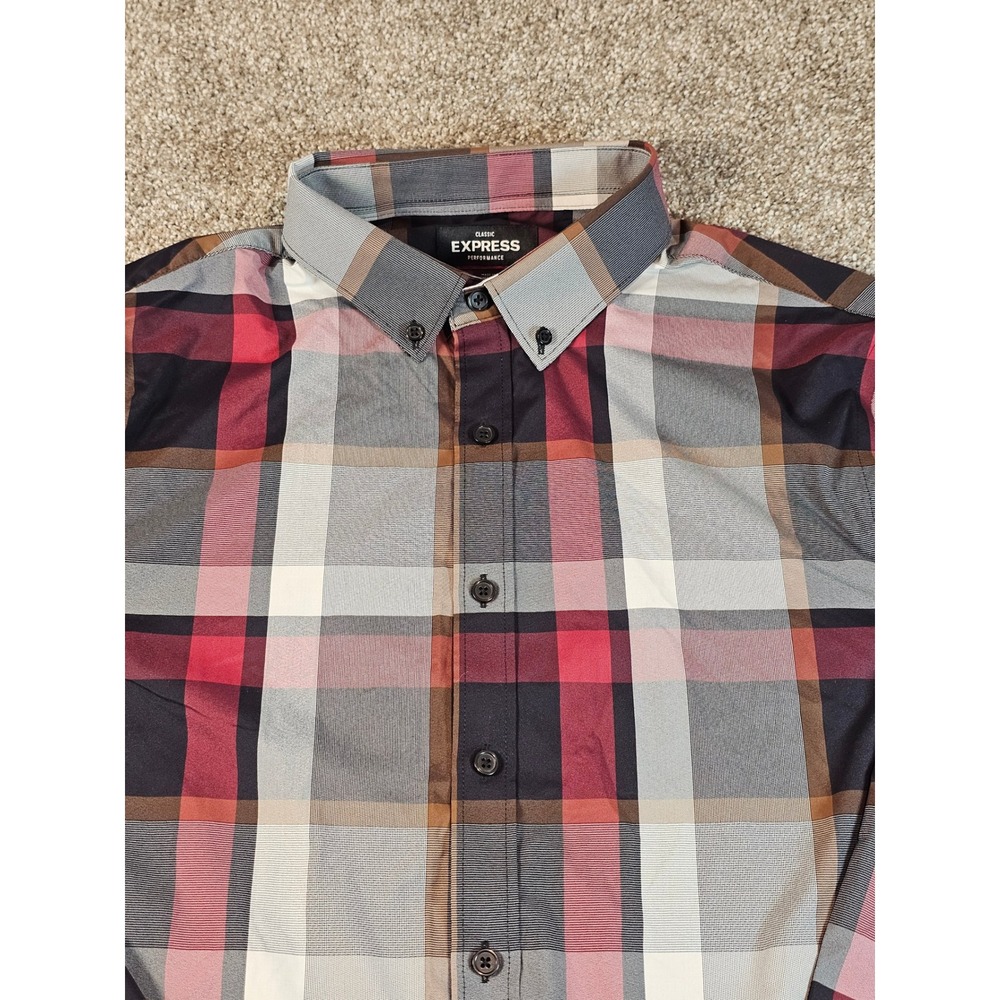 Express Performance Classic Mens Plaid Button Down Shirt Red Grey
